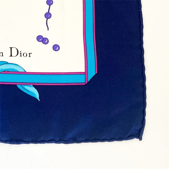 DIOR Silk Scarf Floral Print 34" x 34" Blue White - Picture 8 of 14